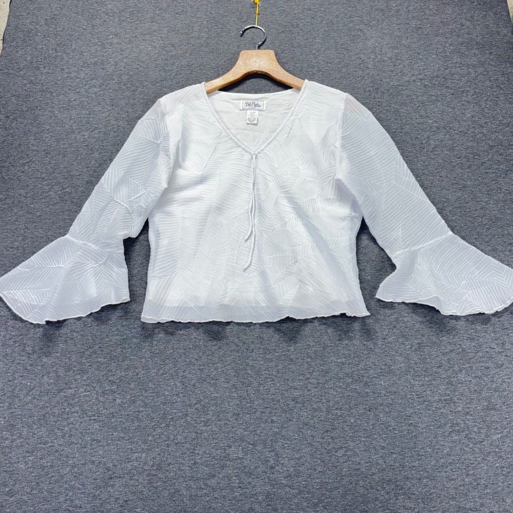 Bob Mackie Studio Blouse Womens 12 Pleated Bell Sleeve V-Neck Tie White Lined